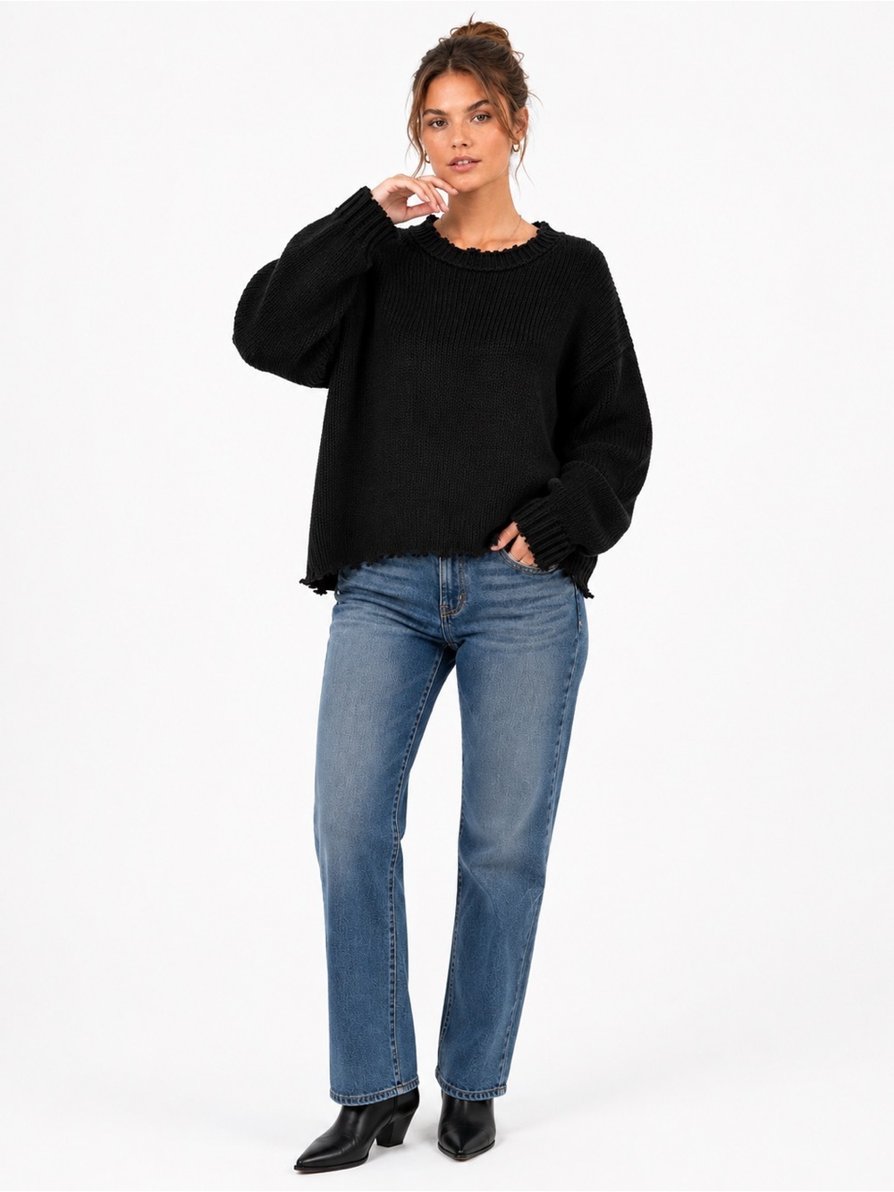 Wooden Ships Oliver Distressed Black Mohair Wool Blend Crewneck Sweater S/M